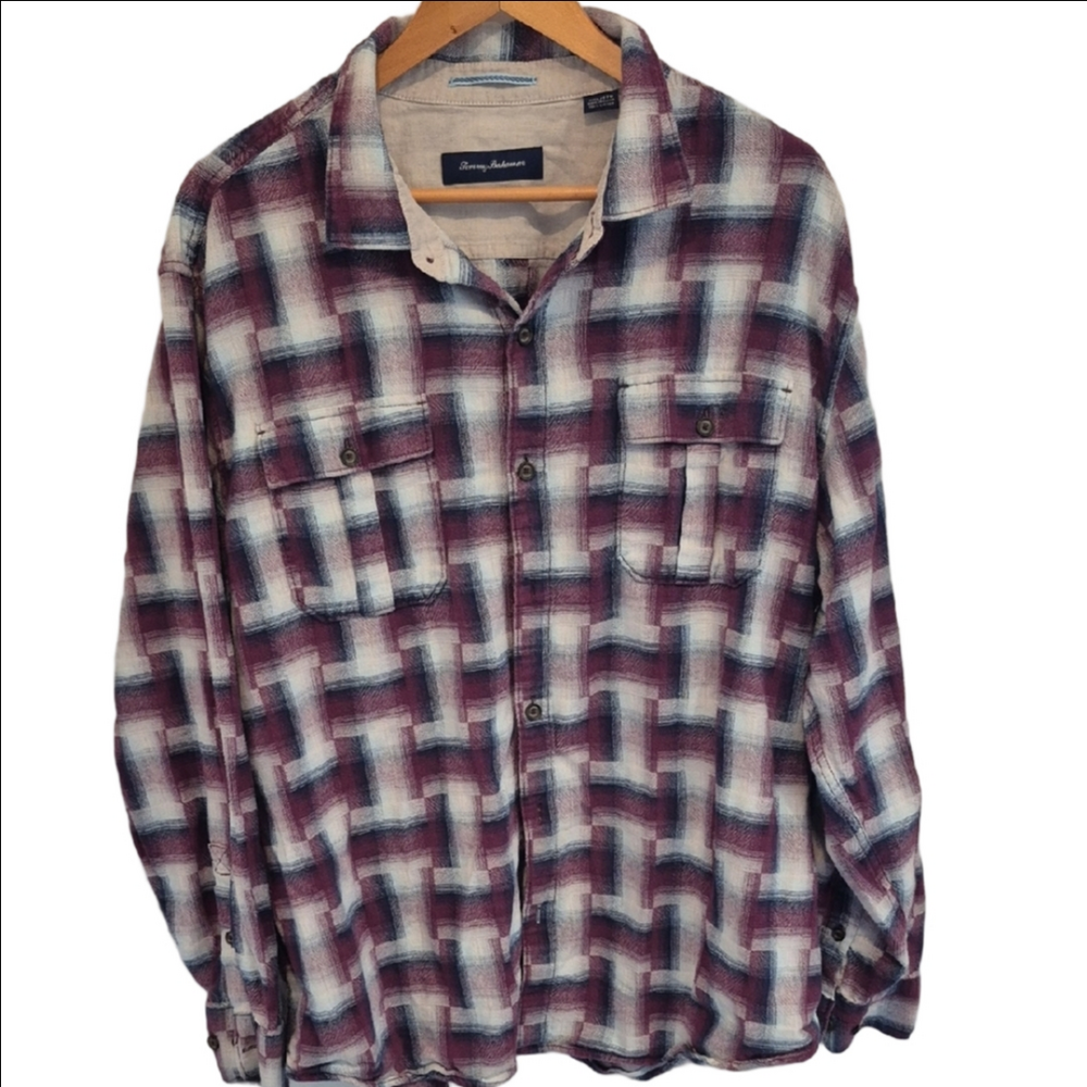 Tommy Bahama Burgundy and White Checkered Cotton Flannel Shirt XXL